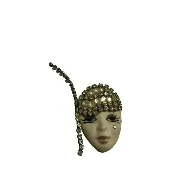Vintage Art Deco Flapper Face Brooch Multicolor by Gabriella - Picture 1 of 3